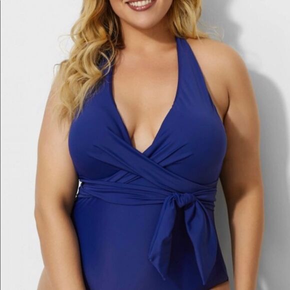 Meet curve Blue Faux Wrap Halter Stylish‎ One Piece Swimsuit 2XL nwt - Picture 2 of 4